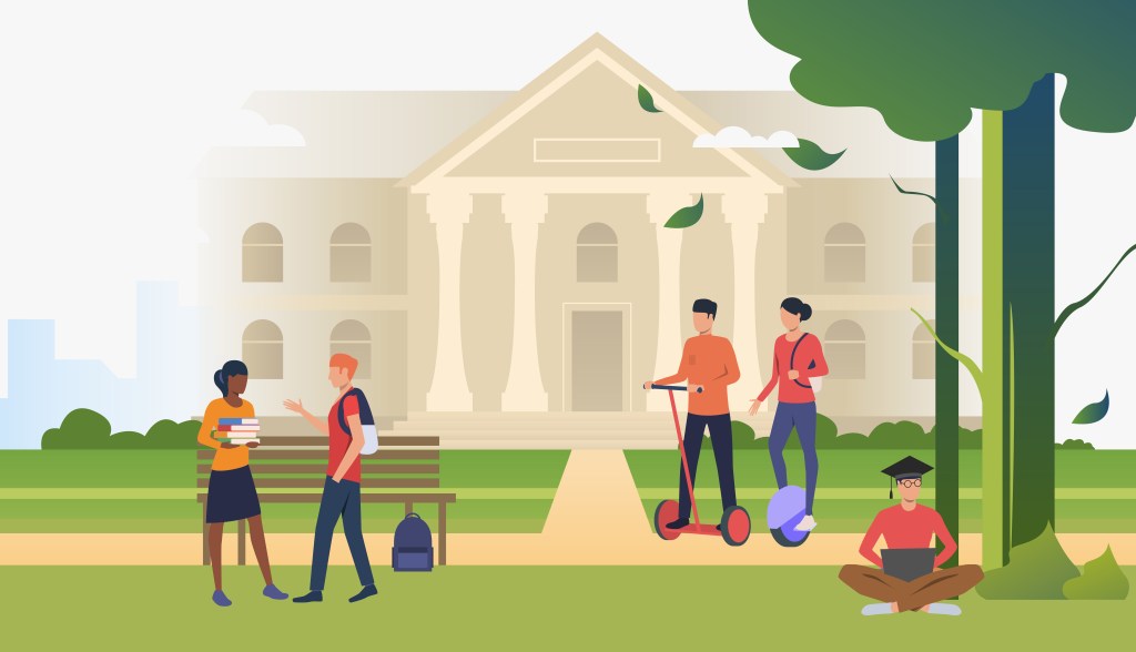 An illustration of a university campus with students interacting. One student hands books to another while two others ride scooters, and a seated student types on a laptop. The background features a classic academic building surrounded by greenery.
