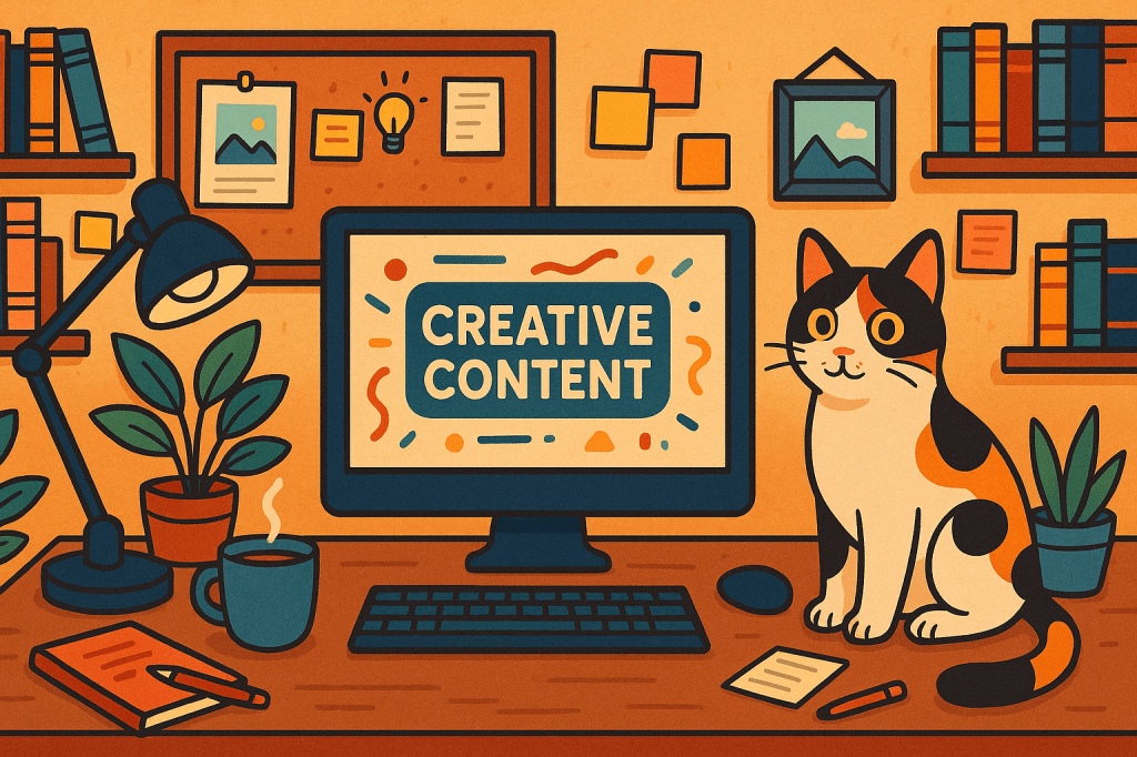 An illustrated workspace featuring a computer monitor displaying 'CREATIVE CONTENT' text, a cozy desk with a coffee cup and notebook, a charming cat, and various indoor plants, all set against a warm, colorful background.