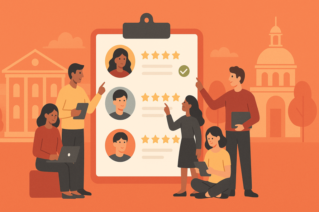 An illustration depicting a group of diverse individuals discussing and reviewing profiles with star ratings, in front of a large clipboard. The background features stylized buildings and trees.