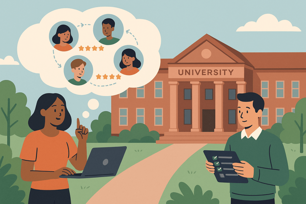 An illustration showing two people discussing in front of a university building, with one person on a laptop and the other holding a checklist, surrounded by thought bubbles featuring student icons and star ratings.