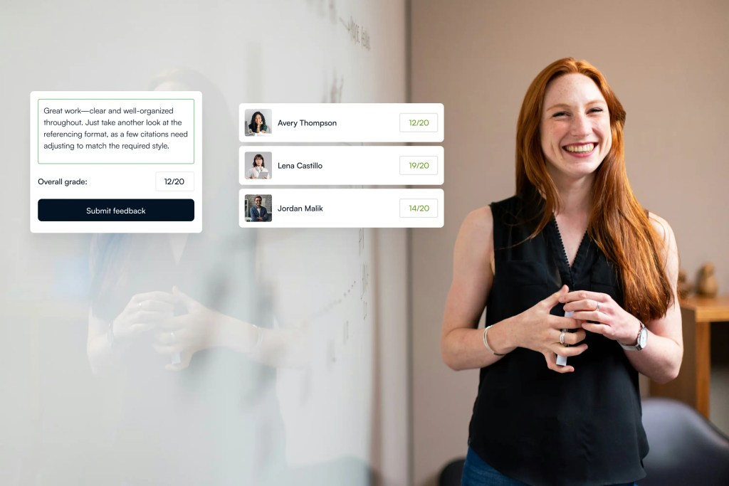 A smiling woman with long red hair stands in front of a blurred background, presenting feedback comments on a digital interface that displays grades and names.
