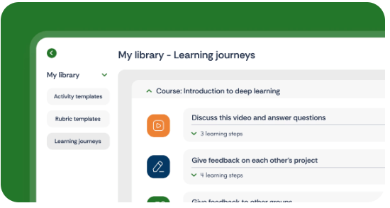 User interface of a learning platform showing a library section for 'Learning journeys' with options for activity templates, rubric templates, and course details.