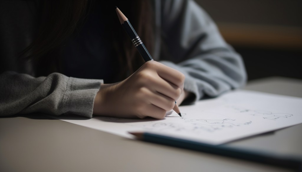 Young adult sitting at desk studying paper generated by artificial intelligence